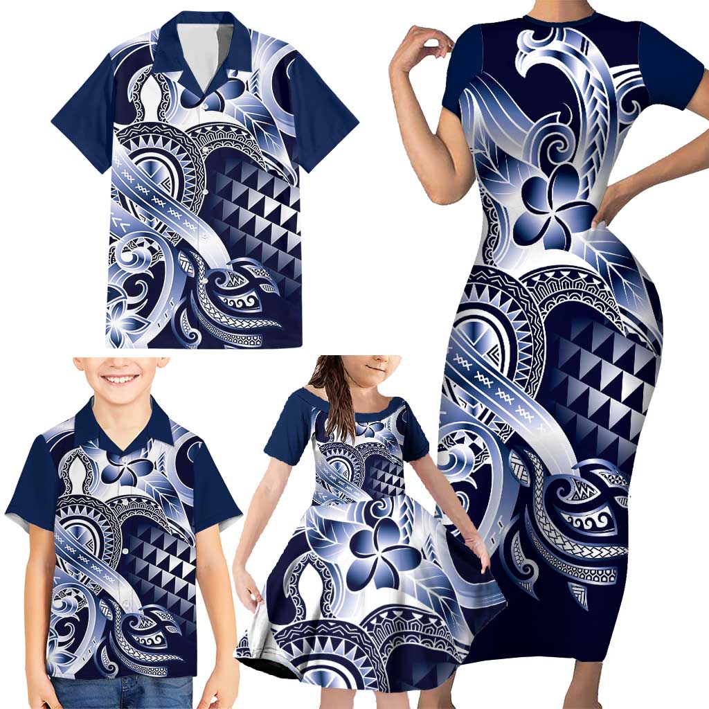 Aloha Blue Tribal Honu Tattoo Family Matching Short Sleeve Bodycon Dress and Hawaiian Shirt