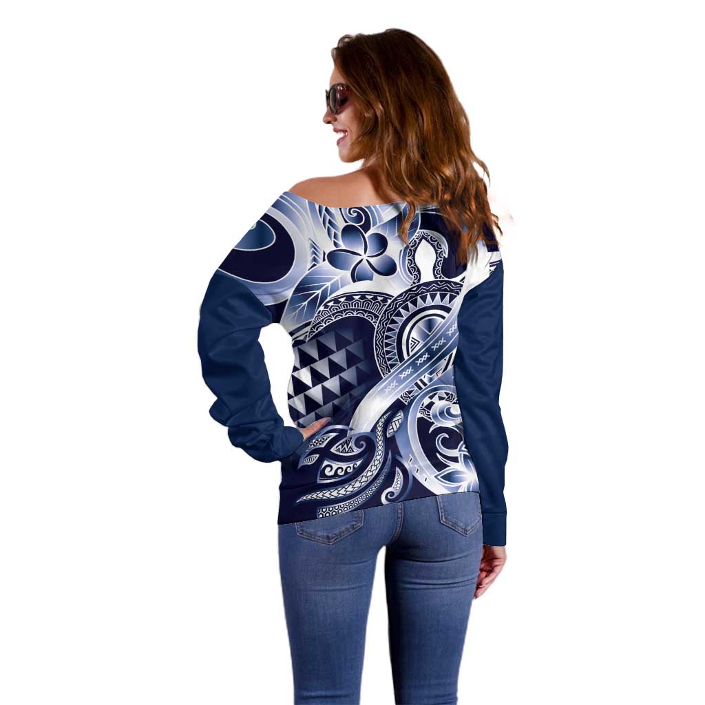 Aloha Blue Tribal Honu Tattoo Off Shoulder Sweater