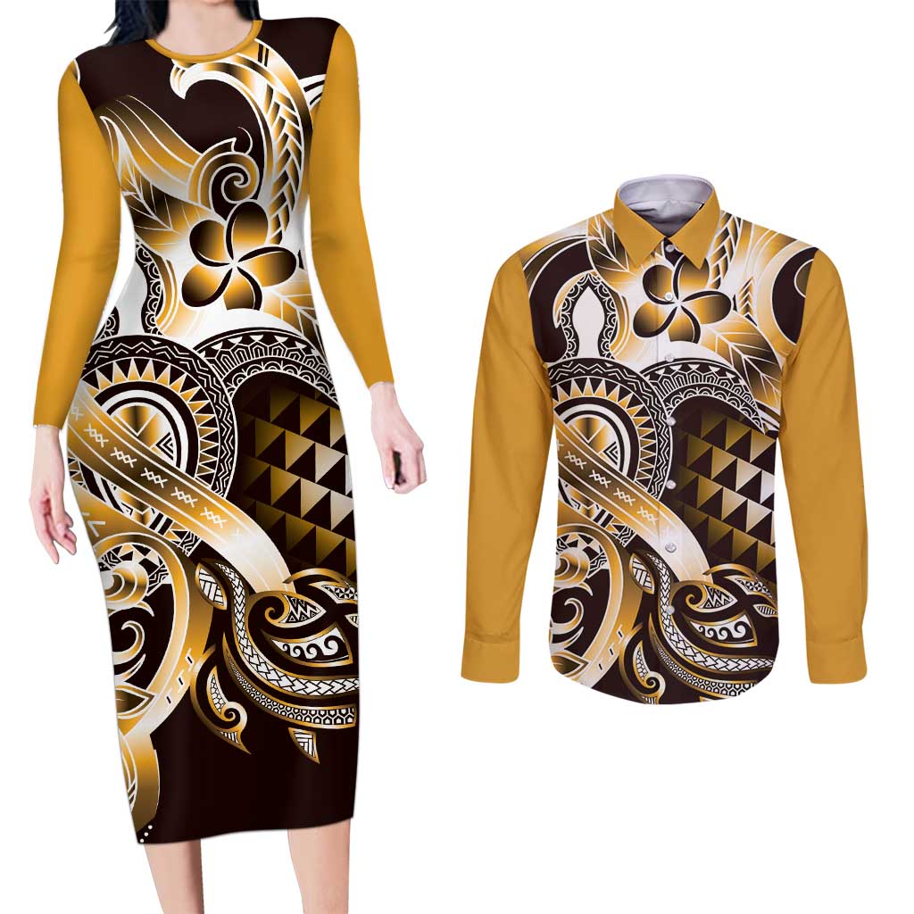 Aloha Gold Tribal Honu Tattoo Couples Matching Long Sleeve Bodycon Dress and Long Sleeve Button Shirt