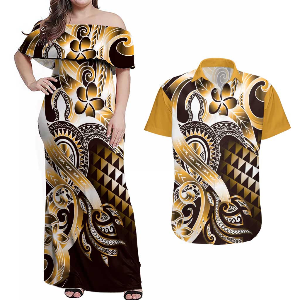 Aloha Gold Tribal Honu Tattoo Couples Matching Off Shoulder Maxi Dress and Hawaiian Shirt