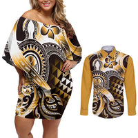 Aloha Gold Tribal Honu Tattoo Couples Matching Off Shoulder Short Dress and Long Sleeve Button Shirt