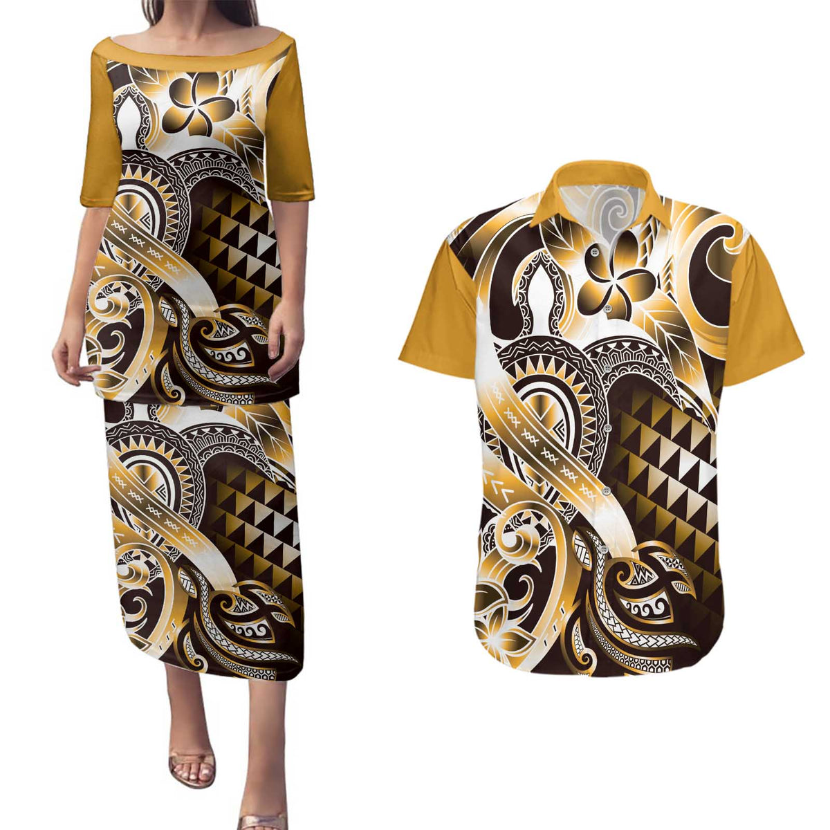 Aloha Gold Tribal Honu Tattoo Couples Matching Puletasi and Hawaiian Shirt