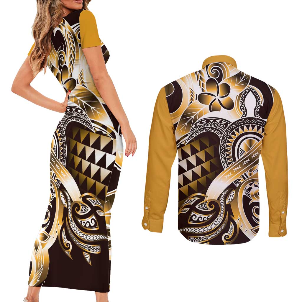 Aloha Gold Tribal Honu Tattoo Couples Matching Short Sleeve Bodycon Dress and Long Sleeve Button Shirt