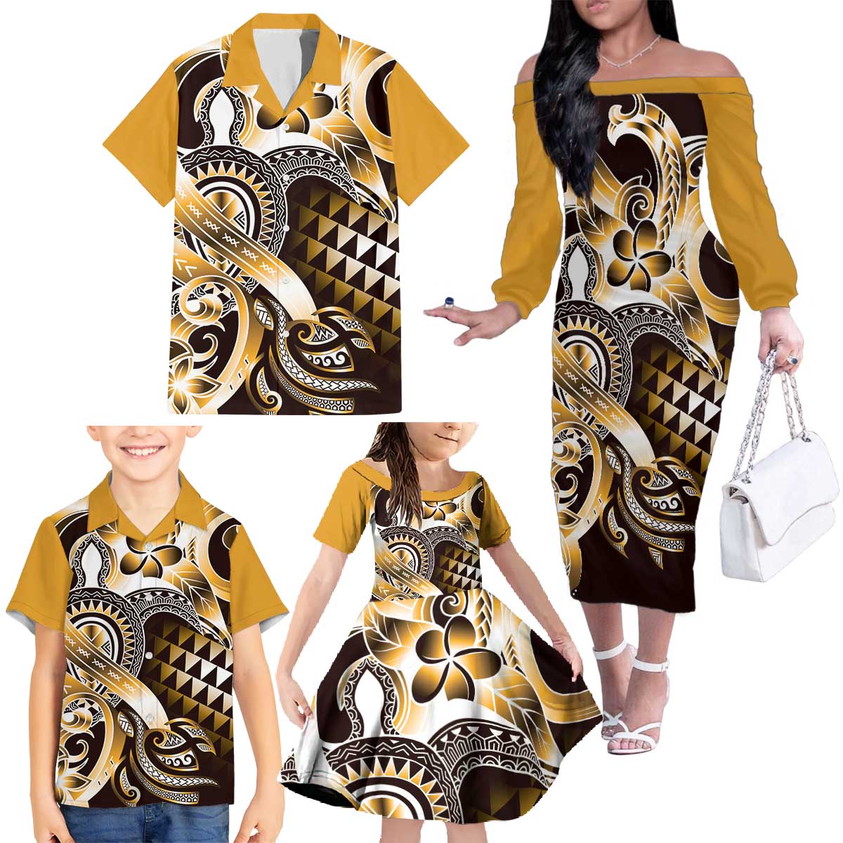 Aloha Gold Tribal Honu Tattoo Family Matching Off The Shoulder Long Sleeve Dress and Hawaiian Shirt