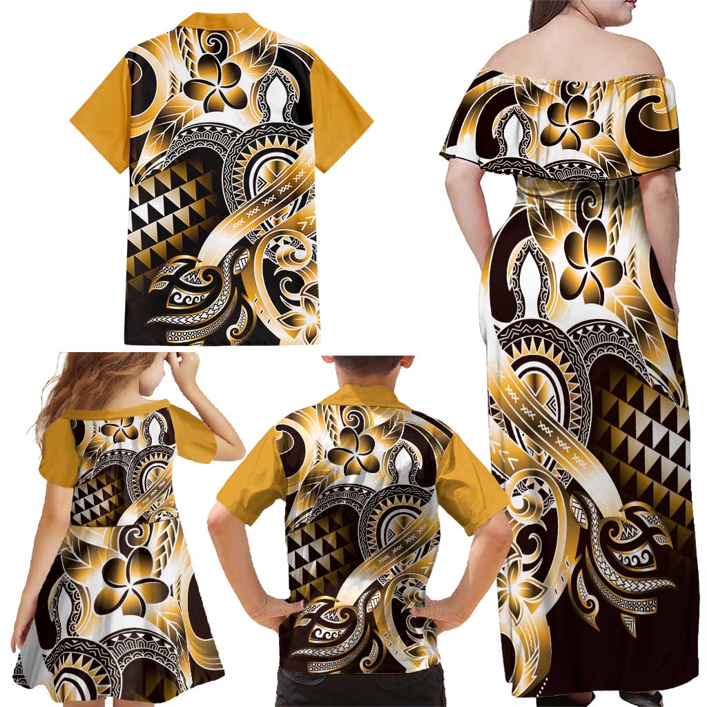 Aloha Gold Tribal Honu Tattoo Family Matching Off Shoulder Maxi Dress and Hawaiian Shirt