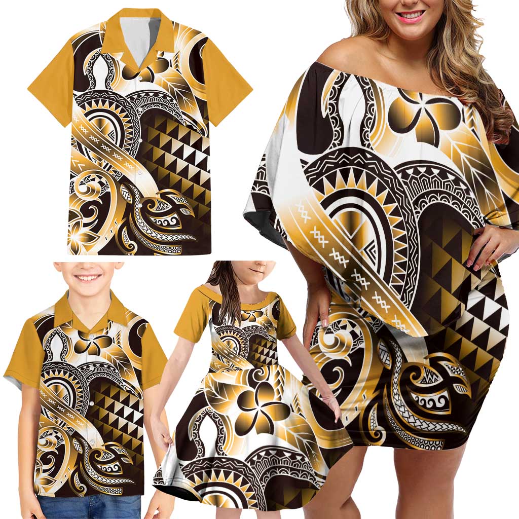 Aloha Gold Tribal Honu Tattoo Family Matching Off Shoulder Short Dress and Hawaiian Shirt