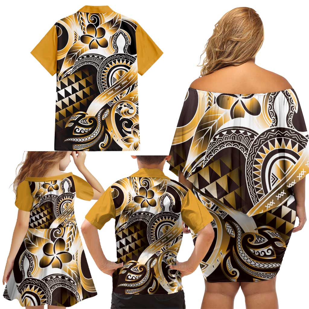 Aloha Gold Tribal Honu Tattoo Family Matching Off Shoulder Short Dress and Hawaiian Shirt
