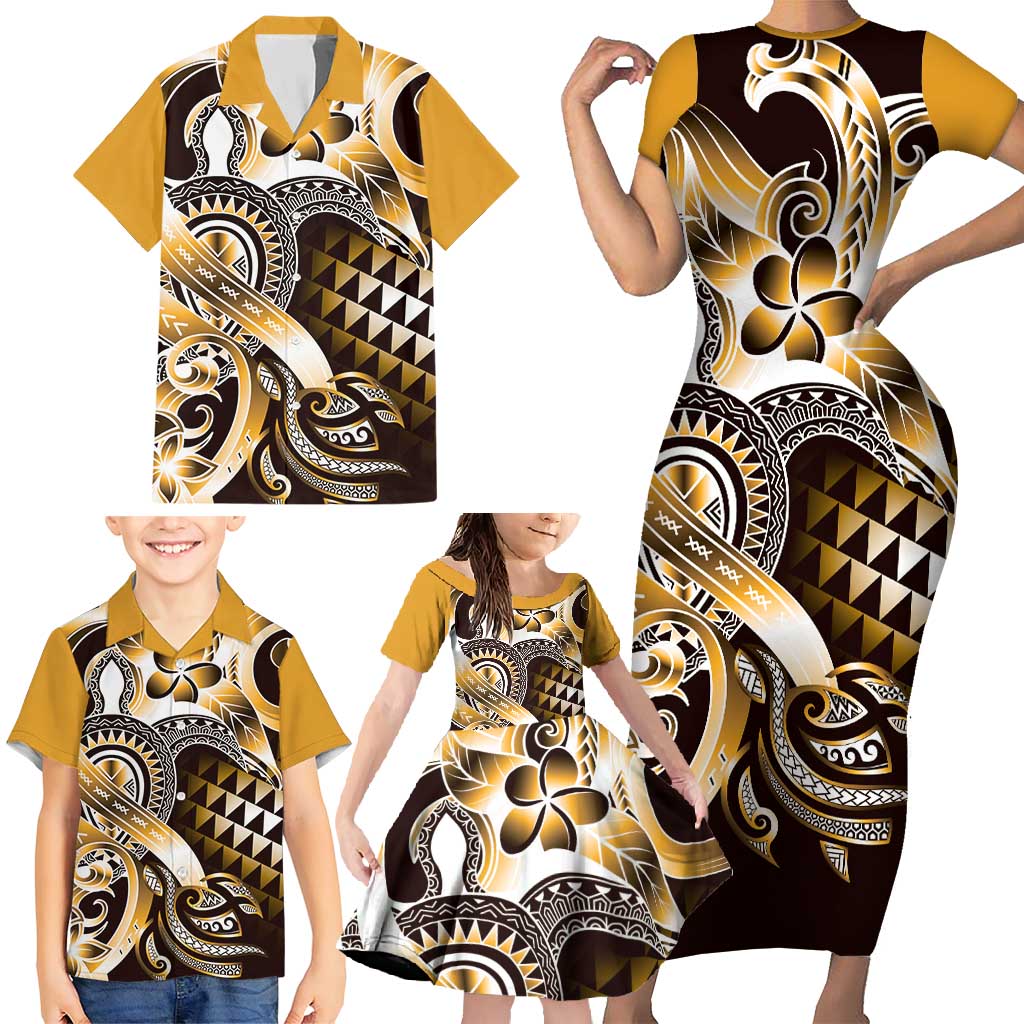 Aloha Gold Tribal Honu Tattoo Family Matching Short Sleeve Bodycon Dress and Hawaiian Shirt