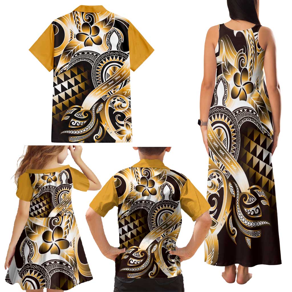 Aloha Gold Tribal Honu Tattoo Family Matching Tank Maxi Dress and Hawaiian Shirt