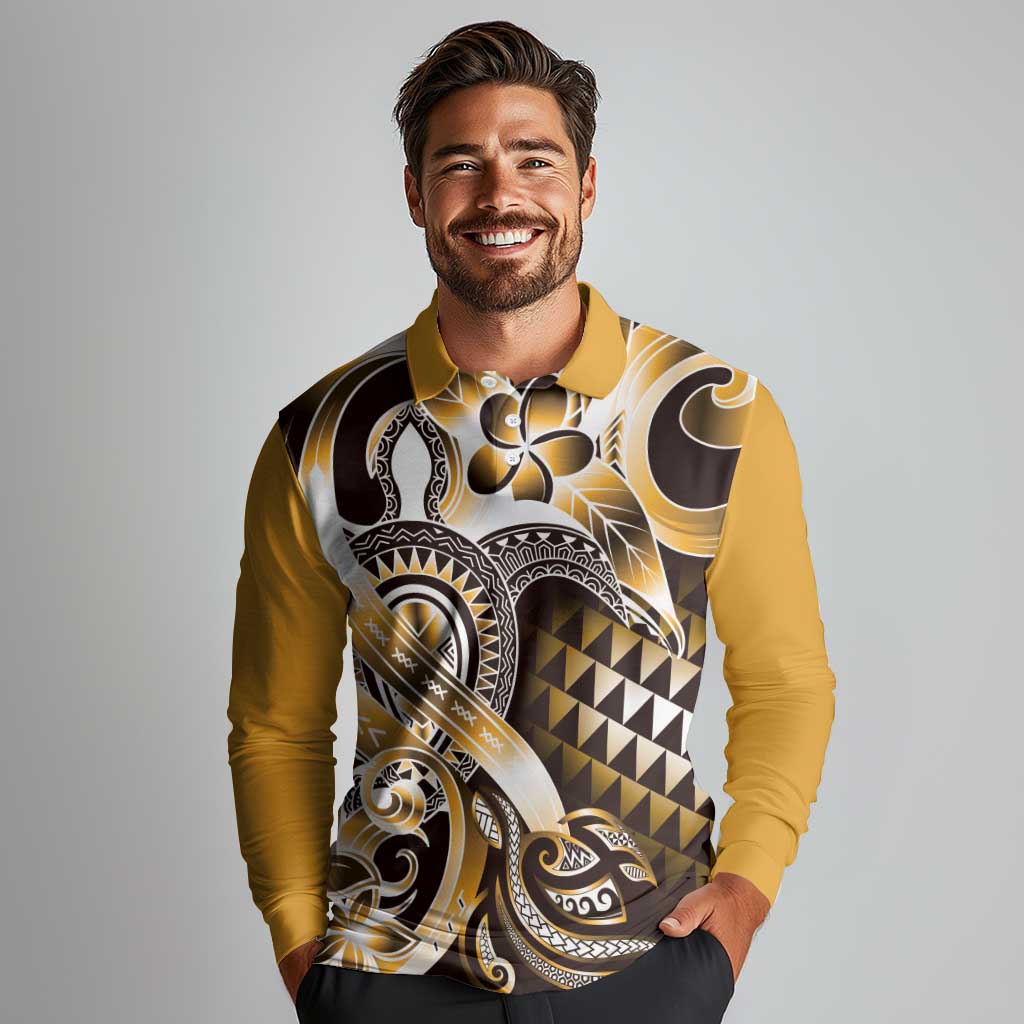 Aloha Gold Tribal Honu Tattoo Long Sleeve Polo Shirt