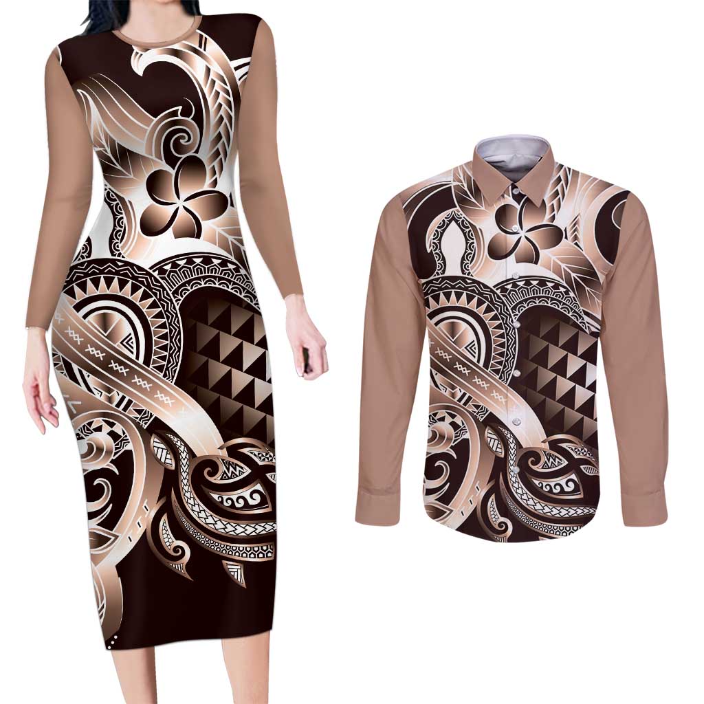 Aloha Mocha Mousse Tribal Honu Tattoo Couples Matching Long Sleeve Bodycon Dress and Long Sleeve Button Shirt LT9 Mocha Mousse - Polynesian Pride