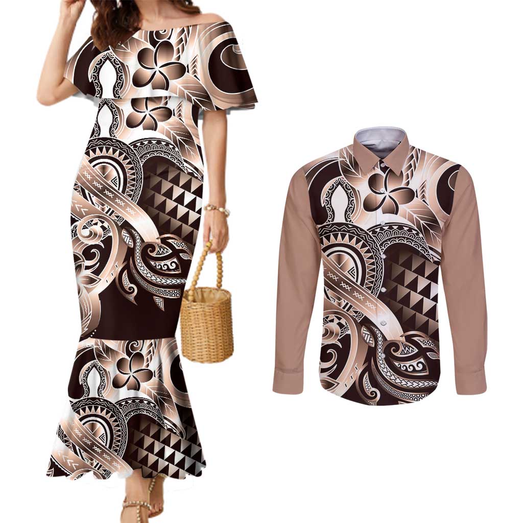 Aloha Mocha Mousse Tribal Honu Tattoo Couples Matching Mermaid Dress and Long Sleeve Button Shirt