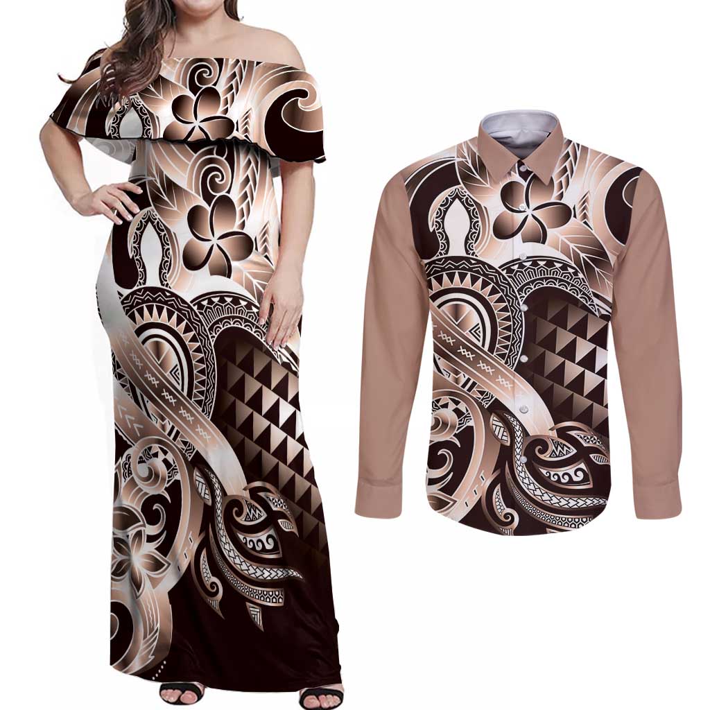 Aloha Mocha Mousse Tribal Honu Tattoo Couples Matching Off Shoulder Maxi Dress and Long Sleeve Button Shirt LT9 Mocha Mousse - Polynesian Pride