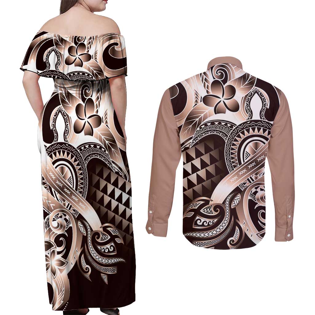 Aloha Mocha Mousse Tribal Honu Tattoo Couples Matching Off Shoulder Maxi Dress and Long Sleeve Button Shirt LT9 - Polynesian Pride