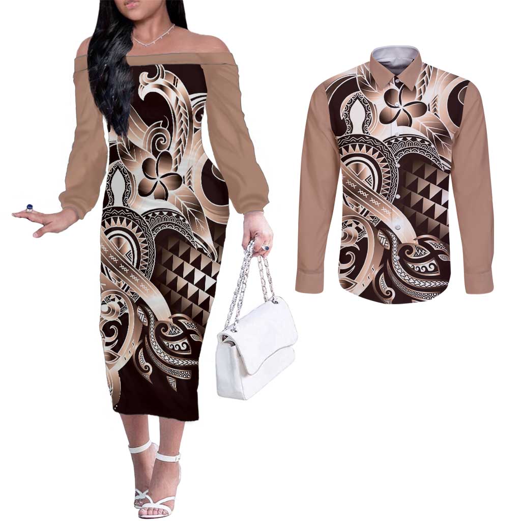 Aloha Mocha Mousse Tribal Honu Tattoo Couples Matching Off The Shoulder Long Sleeve Dress and Long Sleeve Button Shirt LT9 Mocha Mousse - Polynesian Pride