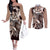 Aloha Mocha Mousse Tribal Honu Tattoo Couples Matching Off The Shoulder Long Sleeve Dress and Long Sleeve Button Shirt