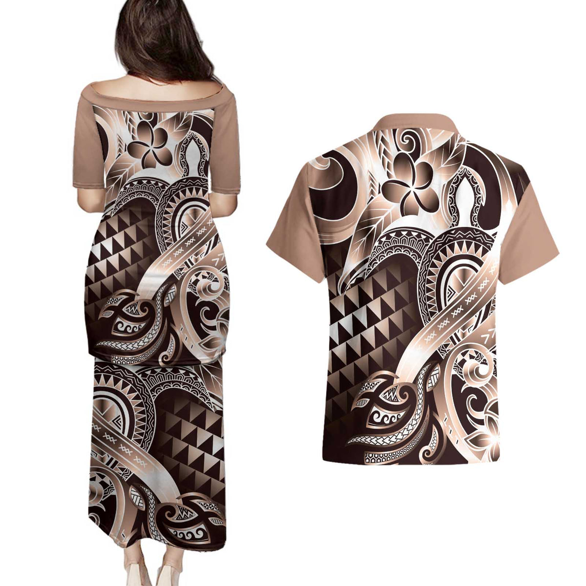 Aloha Mocha Mousse Tribal Honu Tattoo Couples Matching Puletasi and Hawaiian Shirt LT9 - Polynesian Pride