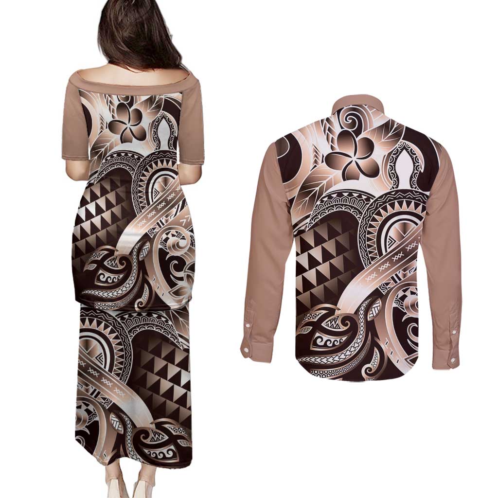 Aloha Mocha Mousse Tribal Honu Tattoo Couples Matching Puletasi and Long Sleeve Button Shirt LT9 - Polynesian Pride