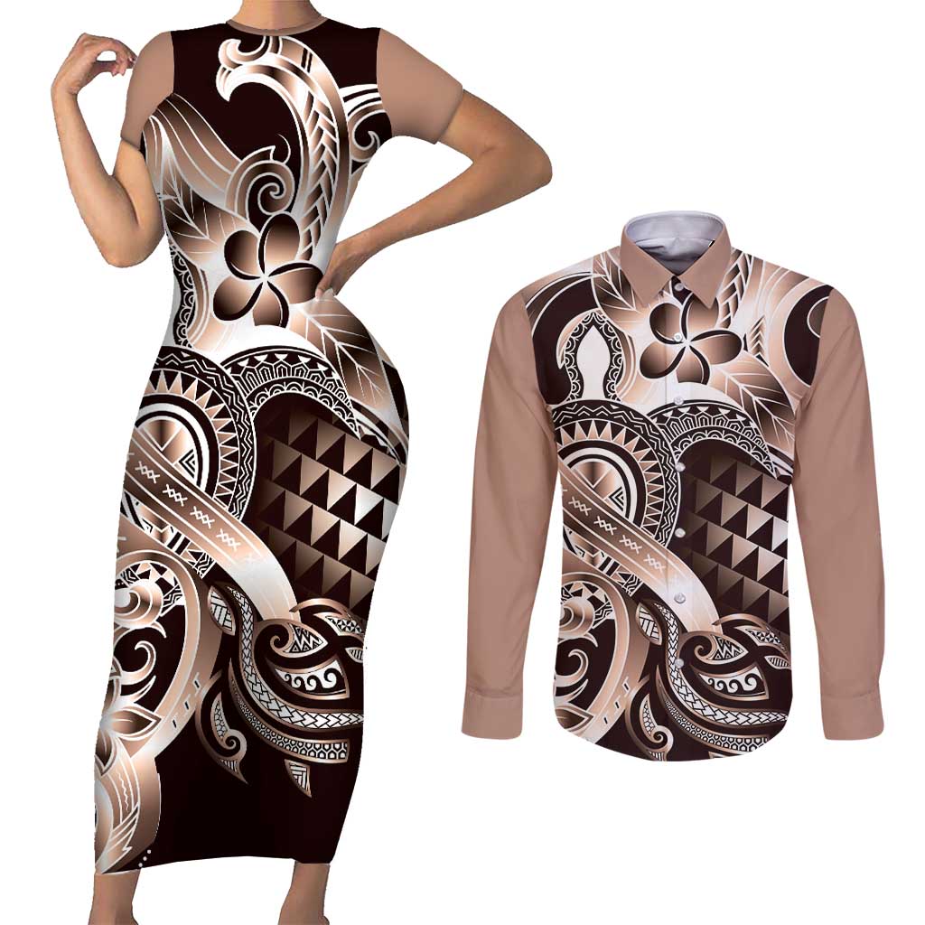 Aloha Mocha Mousse Tribal Honu Tattoo Couples Matching Short Sleeve Bodycon Dress and Long Sleeve Button Shirt LT9 Mocha Mousse - Polynesian Pride