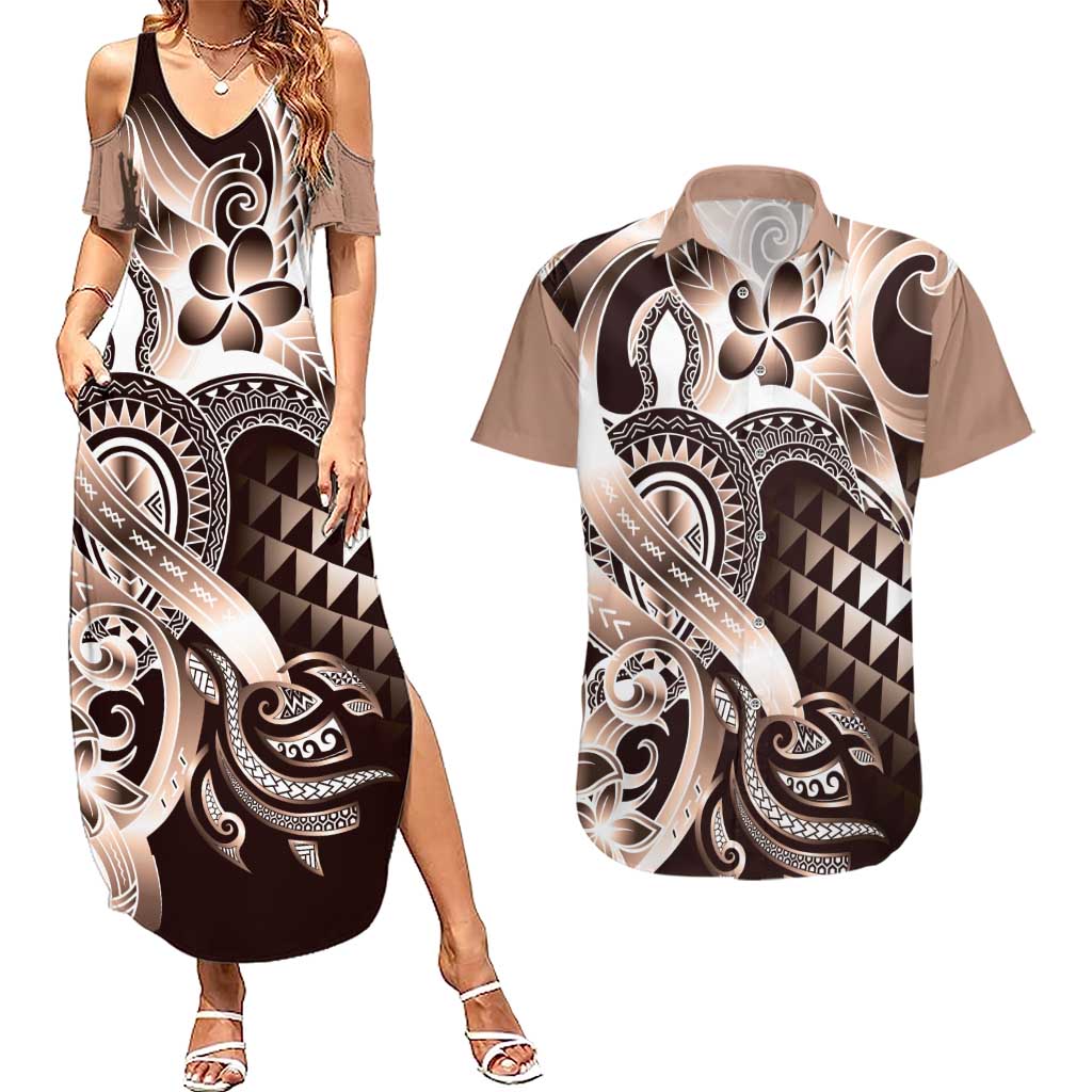 Aloha Mocha Mousse Tribal Honu Tattoo Couples Matching Summer Maxi Dress and Hawaiian Shirt LT9 Mocha Mousse - Polynesian Pride