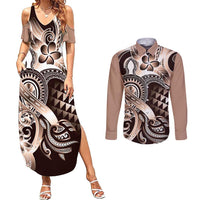 Aloha Mocha Mousse Tribal Honu Tattoo Couples Matching Summer Maxi Dress and Long Sleeve Button Shirt LT9 Mocha Mousse - Polynesian Pride
