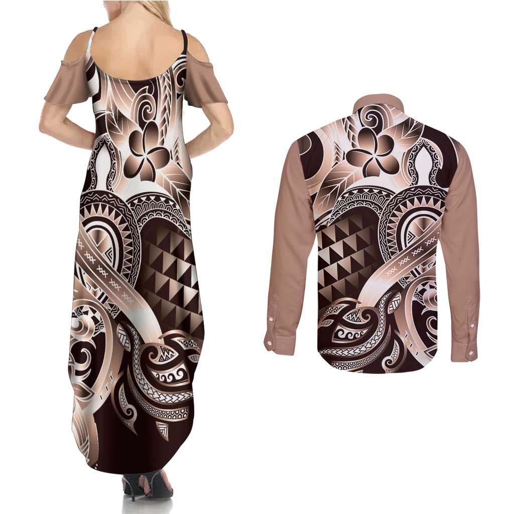 Aloha Mocha Mousse Tribal Honu Tattoo Couples Matching Summer Maxi Dress and Long Sleeve Button Shirt LT9 - Polynesian Pride