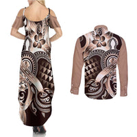 Aloha Mocha Mousse Tribal Honu Tattoo Couples Matching Summer Maxi Dress and Long Sleeve Button Shirt LT9 - Polynesian Pride