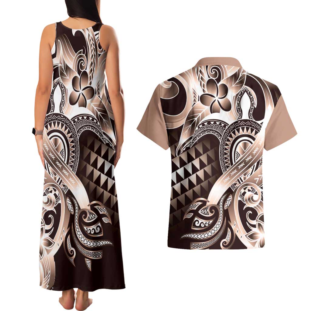 Aloha Mocha Mousse Tribal Honu Tattoo Couples Matching Tank Maxi Dress and Hawaiian Shirt LT9 - Polynesian Pride