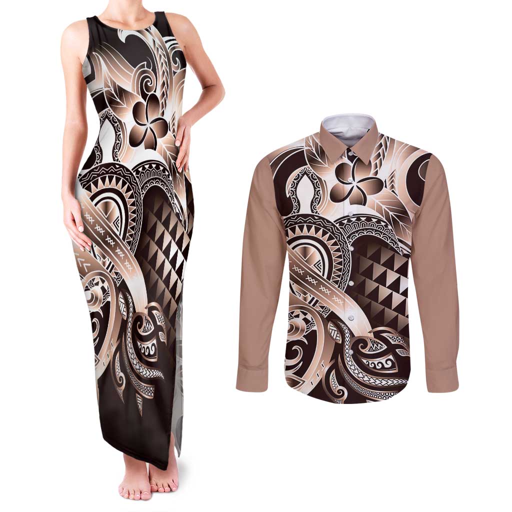 Aloha Mocha Mousse Tribal Honu Tattoo Couples Matching Tank Maxi Dress and Long Sleeve Button Shirt LT9 Mocha Mousse - Polynesian Pride