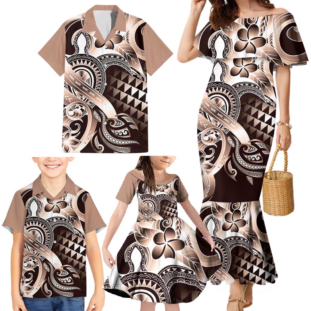 Aloha Mocha Mousse Tribal Honu Tattoo Family Matching Mermaid Dress and Hawaiian Shirt