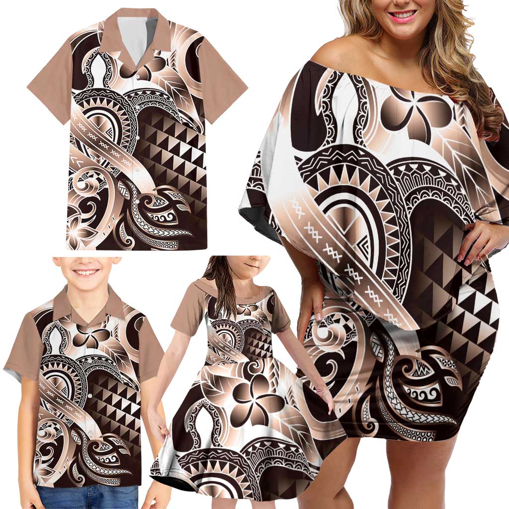 Aloha Mocha Mousse Tribal Honu Tattoo Family Matching Off Shoulder Short Dress and Hawaiian Shirt