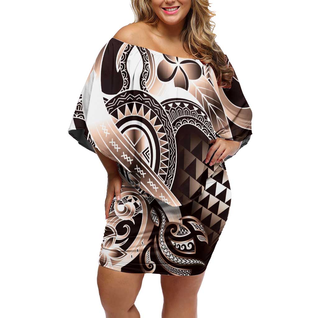 Aloha Mocha Mousse Tribal Honu Tattoo Family Matching Off Shoulder Short Dress and Hawaiian Shirt