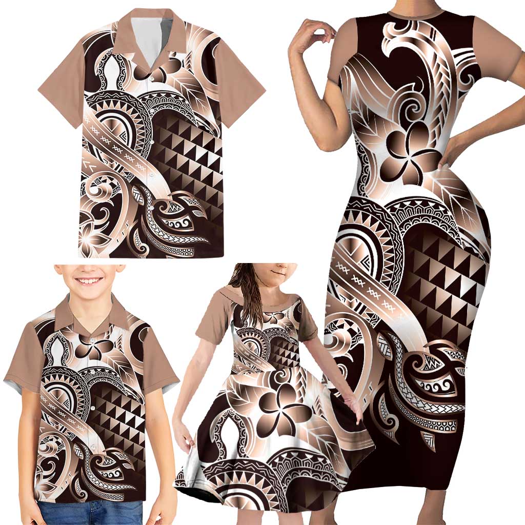 Aloha Mocha Mousse Tribal Honu Tattoo Family Matching Short Sleeve Bodycon Dress and Hawaiian Shirt