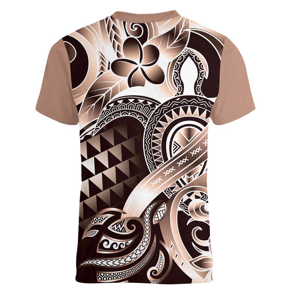 Aloha Mocha Mousse Tribal Honu Tattoo Women V-Neck T-Shirt LT9 - Polynesian Pride