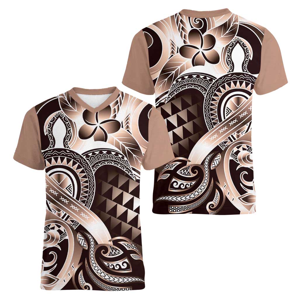 Aloha Mocha Mousse Tribal Honu Tattoo Women V-Neck T-Shirt LT9 - Polynesian Pride