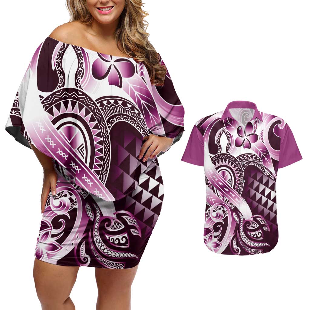 Aloha Pink Tribal Honu Tattoo Couples Matching Off Shoulder Short Dress and Hawaiian Shirt LT9 Pink - Polynesian Pride