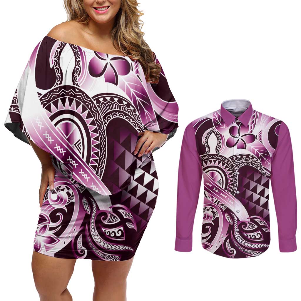 Aloha Pink Tribal Honu Tattoo Couples Matching Off Shoulder Short Dress and Long Sleeve Button Shirt LT9 Pink - Polynesian Pride
