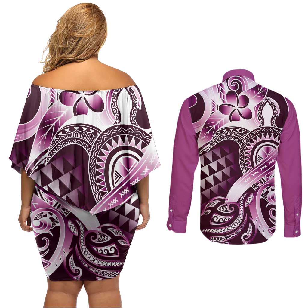 Aloha Pink Tribal Honu Tattoo Couples Matching Off Shoulder Short Dress and Long Sleeve Button Shirt LT9 - Polynesian Pride