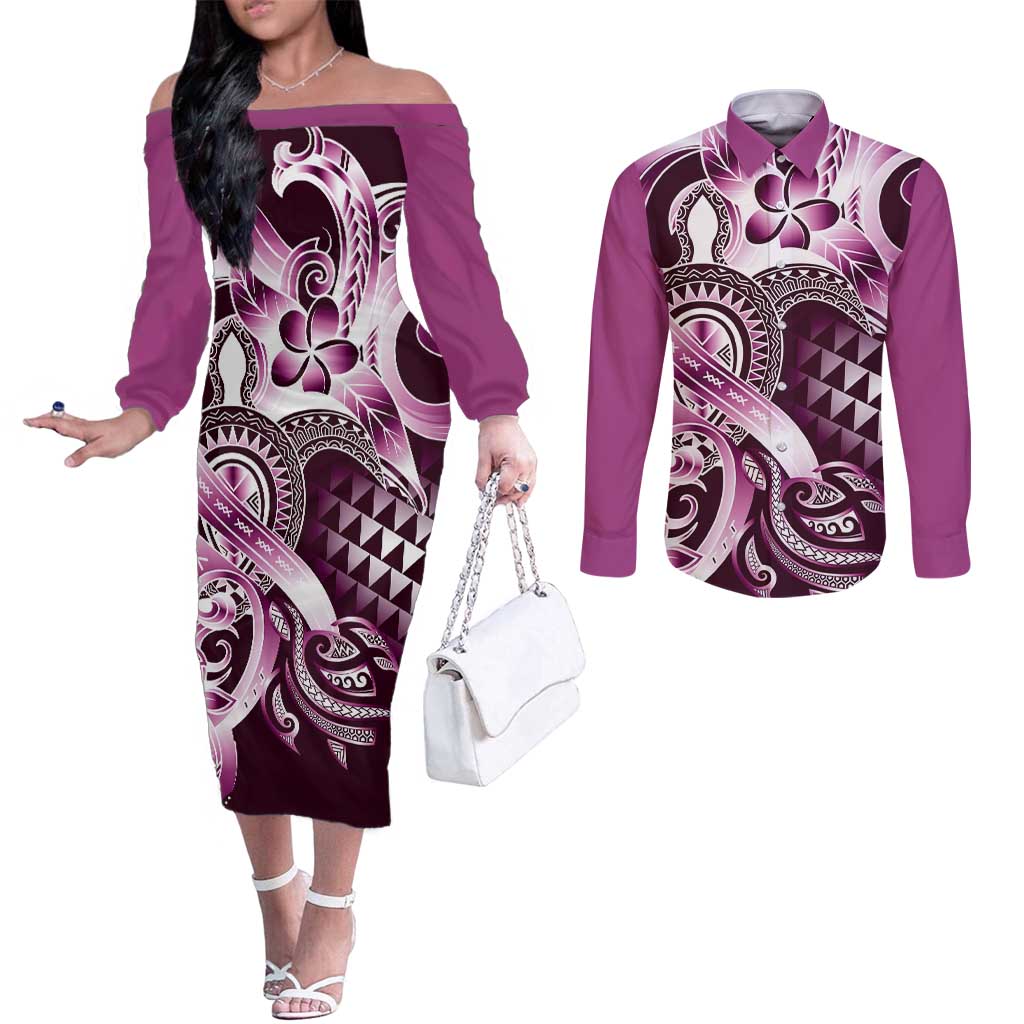 Aloha Pink Tribal Honu Tattoo Couples Matching Off The Shoulder Long Sleeve Dress and Long Sleeve Button Shirt LT9 Pink - Polynesian Pride