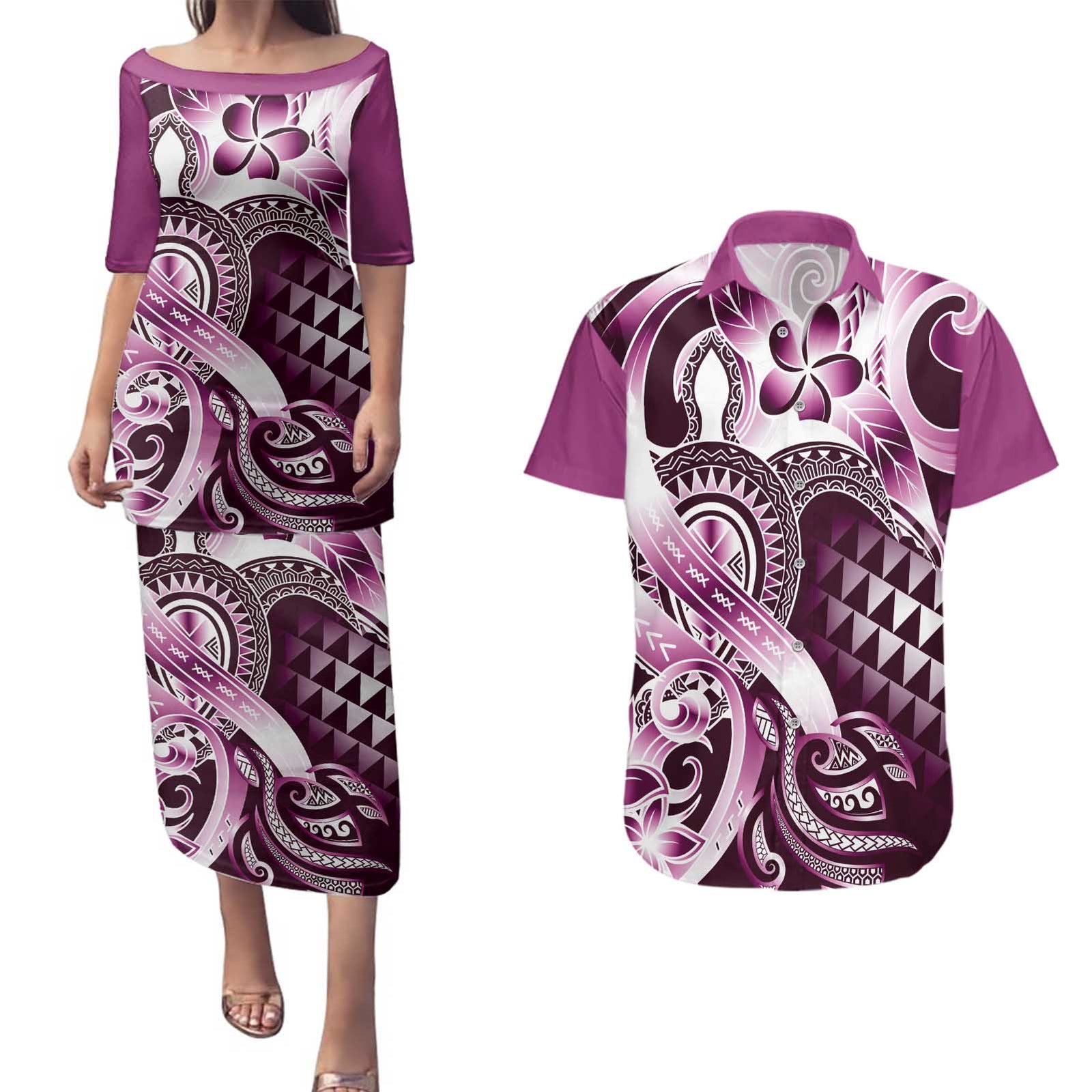 Aloha Pink Tribal Honu Tattoo Couples Matching Puletasi and Hawaiian Shirt LT9 Pink - Polynesian Pride