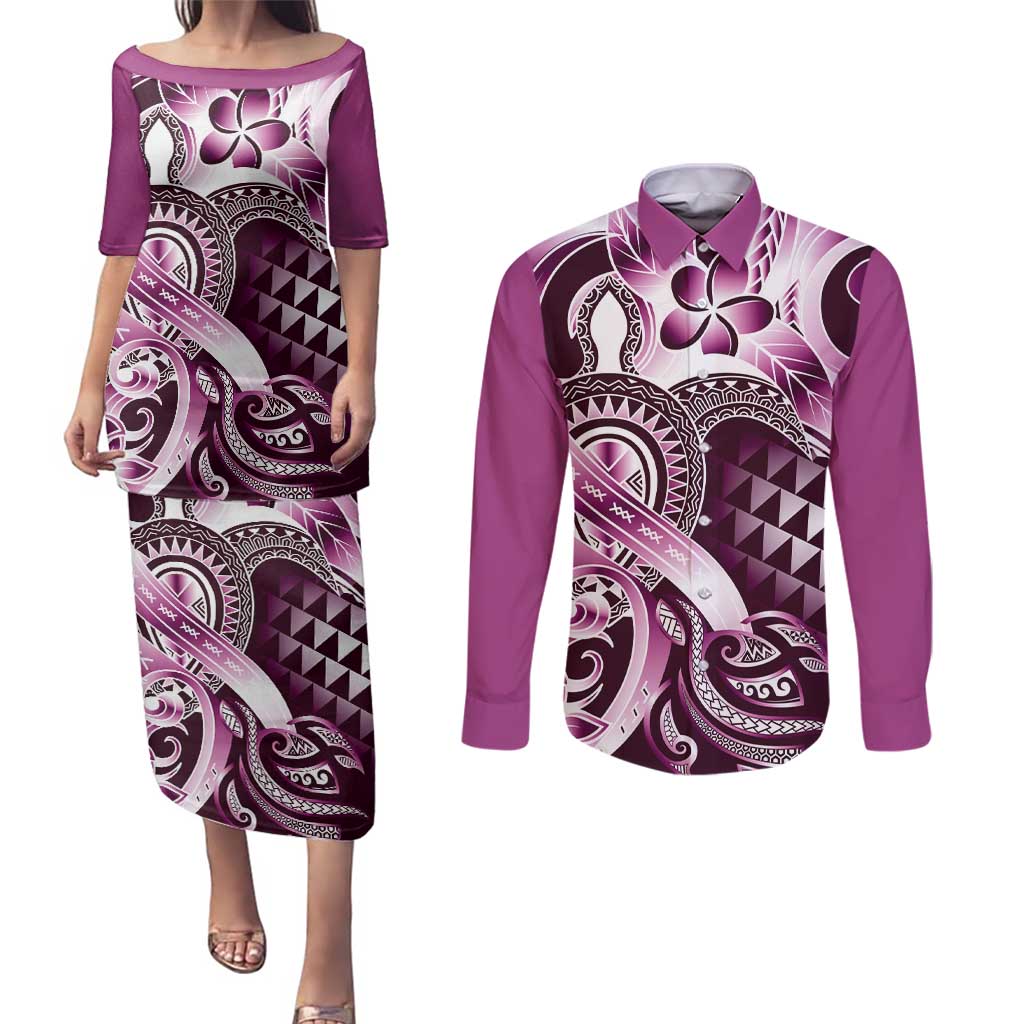 Aloha Pink Tribal Honu Tattoo Couples Matching Puletasi and Long Sleeve Button Shirt LT9 Pink - Polynesian Pride