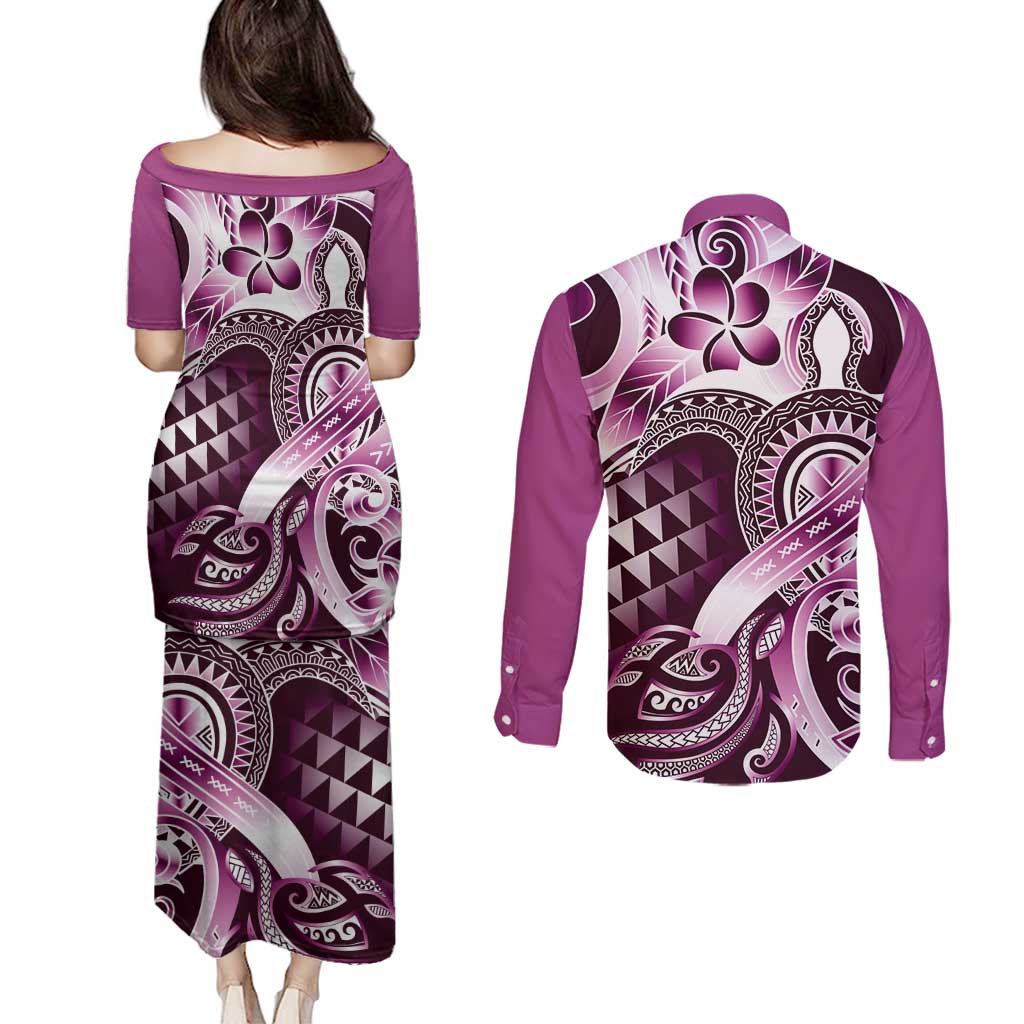 Aloha Pink Tribal Honu Tattoo Couples Matching Puletasi and Long Sleeve Button Shirt LT9 - Polynesian Pride