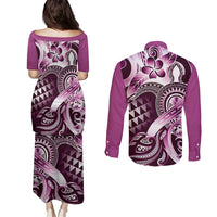 Aloha Pink Tribal Honu Tattoo Couples Matching Puletasi and Long Sleeve Button Shirt LT9 - Polynesian Pride