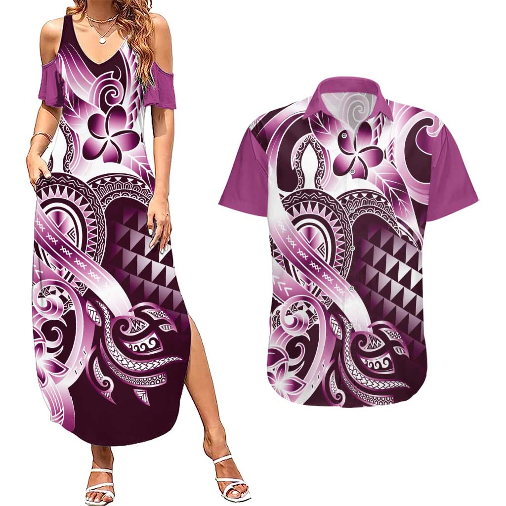Aloha Pink Tribal Honu Tattoo Couples Matching Summer Maxi Dress and Hawaiian Shirt LT9 Pink - Polynesian Pride