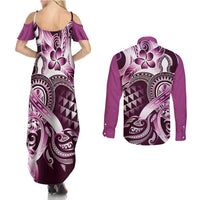 Aloha Pink Tribal Honu Tattoo Couples Matching Summer Maxi Dress and Long Sleeve Button Shirt LT9 - Polynesian Pride