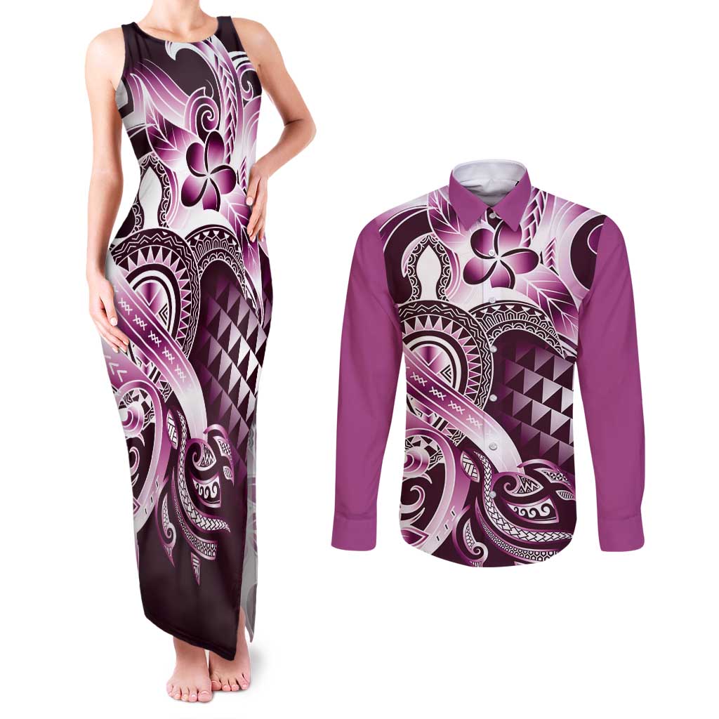 Aloha Pink Tribal Honu Tattoo Couples Matching Tank Maxi Dress and Long Sleeve Button Shirt LT9 Pink - Polynesian Pride