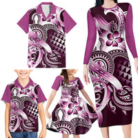 Aloha Pink Tribal Honu Tattoo Family Matching Long Sleeve Bodycon Dress and Hawaiian Shirt