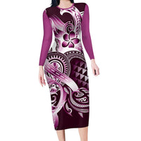Aloha Pink Tribal Honu Tattoo Family Matching Long Sleeve Bodycon Dress and Hawaiian Shirt