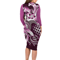 Aloha Pink Tribal Honu Tattoo Family Matching Long Sleeve Bodycon Dress and Hawaiian Shirt