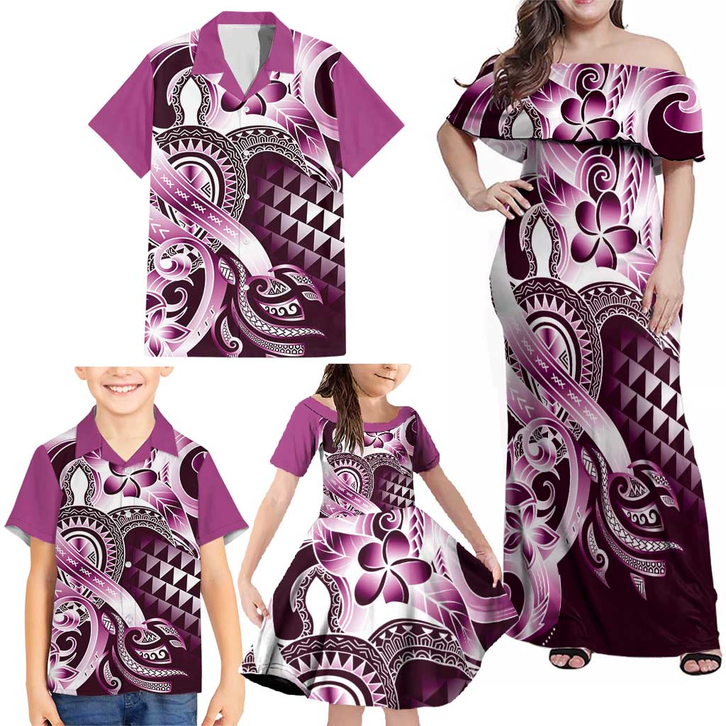 Aloha Pink Tribal Honu Tattoo Family Matching Off Shoulder Maxi Dress and Hawaiian Shirt